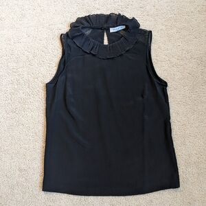 Sandro 100% Silk Black Sleeveless Mesh Insert Blouse Ruff Collar Sz Small